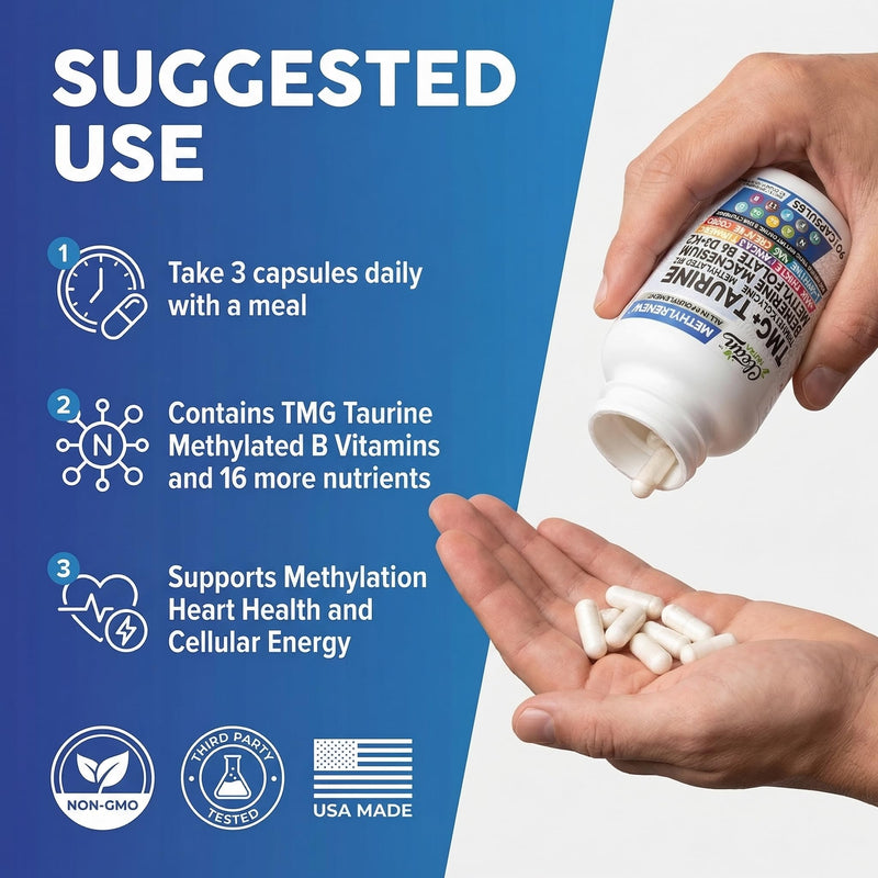 Clean Nutra TMG Supplements 1000mg | Methylated Multivitamin for Women Men | Taurine B6 Vitamins B12 D3 K2 Trimethylglycine Magnesium Methylfolate Milk Thistle NAC COQ10 B Supplement Complex Capsules
