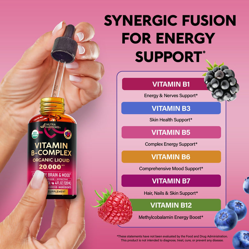USDA Organic Vitamin B-Complex 20000mcg - B5, B12, B1, B6, B7, B9, B3 - 4Oz | B Complex Liquid Drops - Pantothenic Acid, Methylcobalamin, Thiamine, Pyridoxine, Biotin, Folic, Niacinamide - Berry Flavor B-Complex 4oz