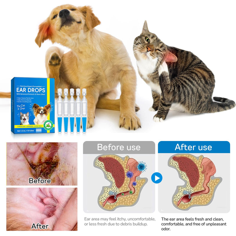 Pet Ear Cleaning Ear Drops for Dogs and Cats - Treat Ear Mite Infections, Yeast Infections, and Earwax Buildup, Soothe Itching, Disposable Ear Cleaning Essence 10 PCS