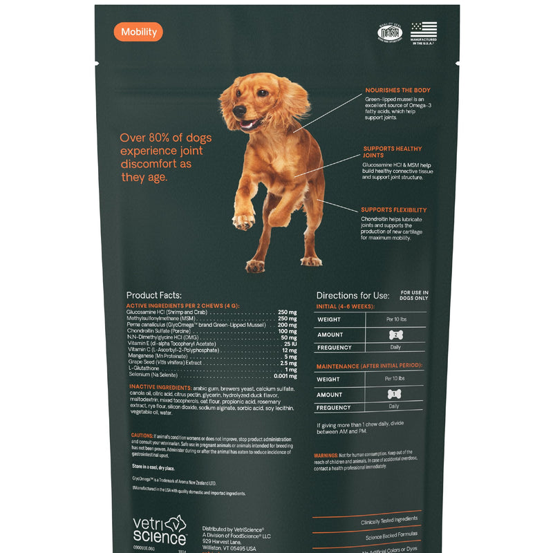 VetriScience Ultimate Strength Healthy Hip & Joint Chews, GlycoFlex Glucosamine, Chondroitin and Green-Lipped Mussel Joint Supplement for Small Breed Dogs, Soothe Joint Discomfort, Duck, 60 Count Small Breed - Ultimate Strength