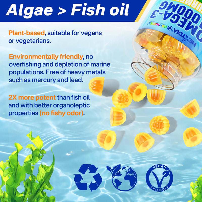 Omega-3 Gummies 1000mg + Turmeric, Fish Oil Alternative No Fish Taste 120Ct | Burpless Algae DHA 600mg + EPA 300mg(3:1), Vegan Sugar Free Omega 3 Fatty Acids for Women Men Adults, Vitamins A C E Zinc MSM 60 Count (Pack of 2)