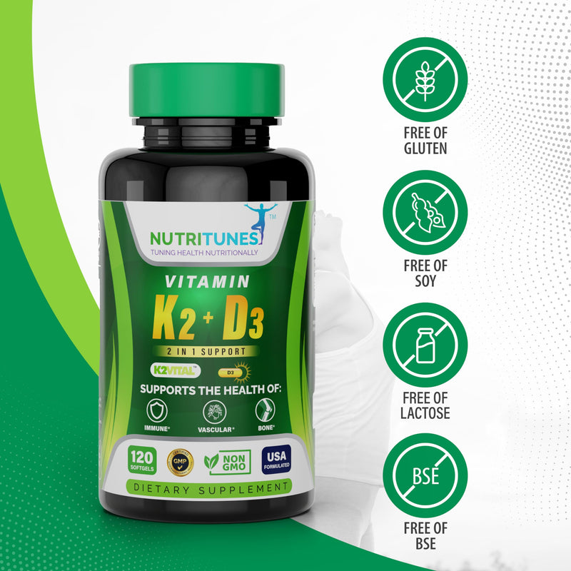 Vitamin K2 + D3 (120 Softgels) - Vitamin D3 K2 Supplement - Supports Cardiovascular & Bone Health - Non-GMO - Allergen-Free - 120 Softgels - BeesActive Australia