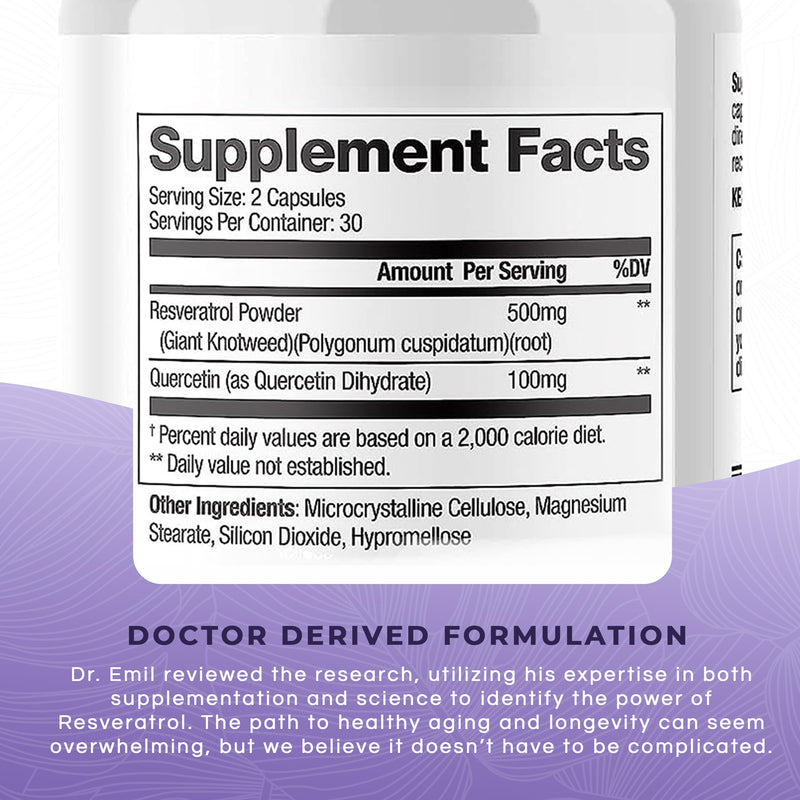 Dr. Emil 500mg Resveratrol, 100mg Quercetin, Healthy Aging, 60 Capsules | Healthy Aging Formula with 500mg Resveratrol and 100mg Quercetin to Support Normal Cellular and Cognitive Health