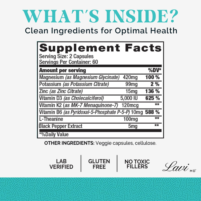 Potassium Magnesium Zinc Supplement, Glycinate 420mg, D3 K2, 120 Ct | Vegan capsules with vitamin B6 P-5-P, L-Theanine and BioPerine, bone, muscle and immune support, high absorption blend