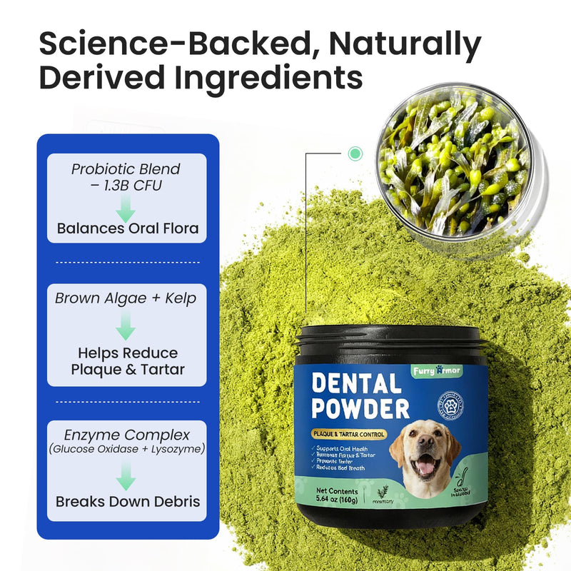 Dog & Cat Teeth Cleaning Powder: Plaque & Tartar Control with Brown Algae, Kelp, Probiotics (1.3B CFU), Sodium Hexametaphosphate & Enzymes – Freshens Breath – Chicken Flavor, 64 Scoops