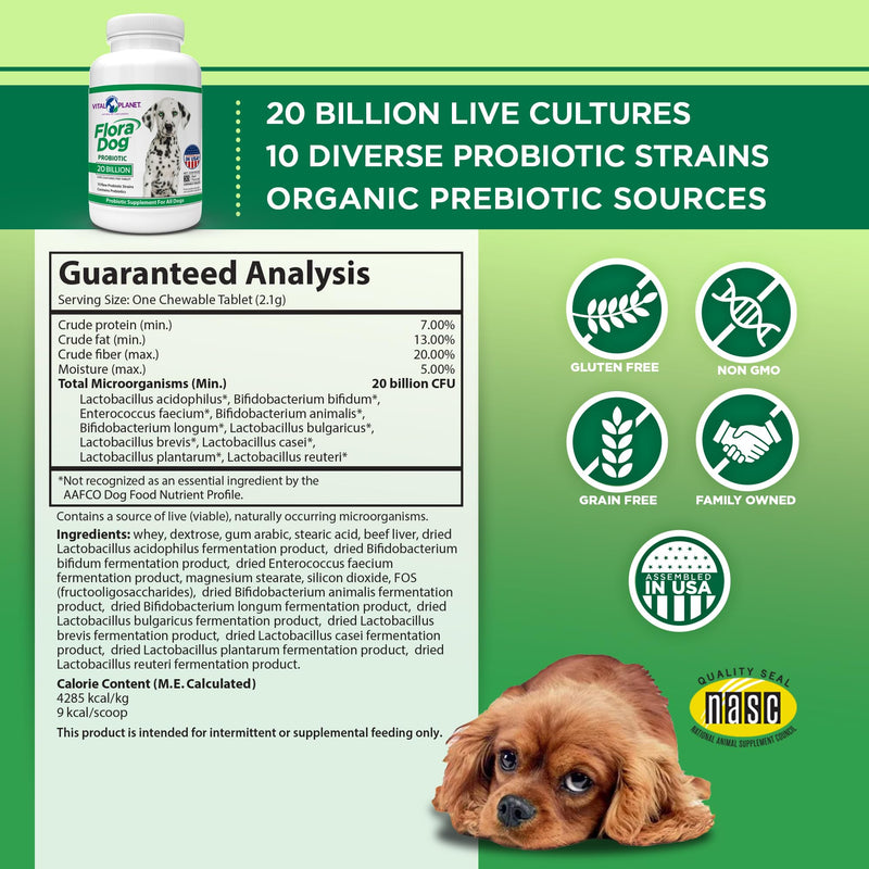Vital Planet - Flora Dog Probiotic Chewable Tablets Supplement with 20 Billion Cultures and 10 Strains, High Potency Immune and Digestive Support Probiotics for Dogs, 30 Beef Flavored Chewable Tablets - PawsPlanet Australia