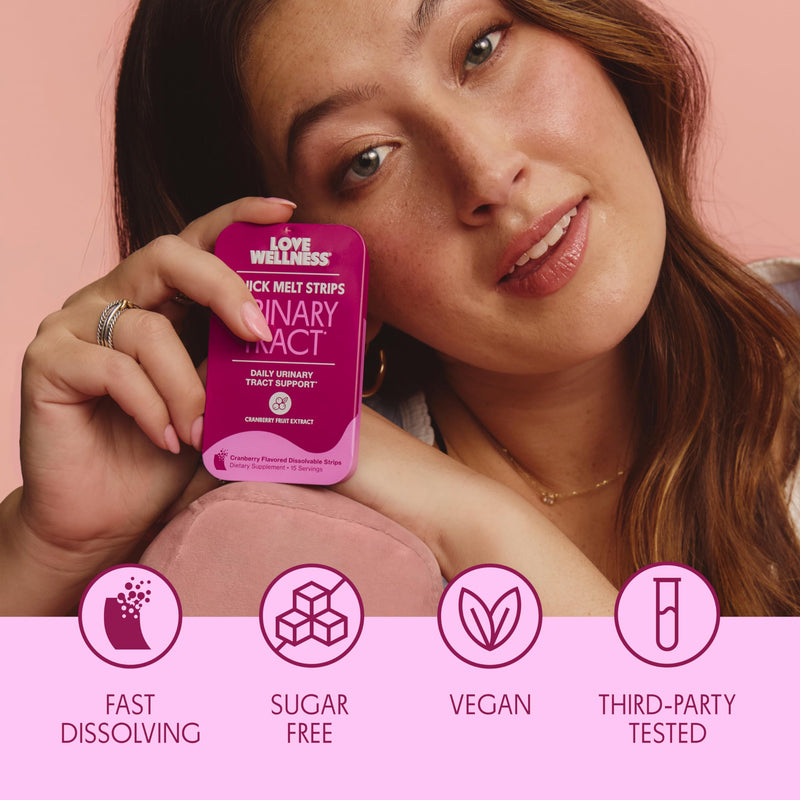 Love Wellness Urinary Tract* Quick Melt Strips - Fast-Dissolving UT Support with 36 mg PACs from Cranberry Fruit Extract - Promotes Urinary Health* - No Water Needed - Vegan and Sugar Free - 32 Strips - BeesActive Australia