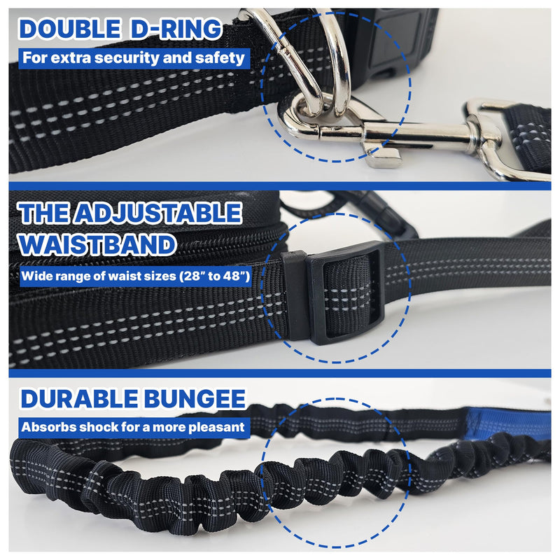 Hands Free Dog Leash with Waist Belt & Large Zipper Pouch, Waist Leash for Dog Walking, Running & Hiking, Reflective Stitching & Dual Padded Handles, Ideal for Medium to Large Dogs (25–125 lbs) Black Blue