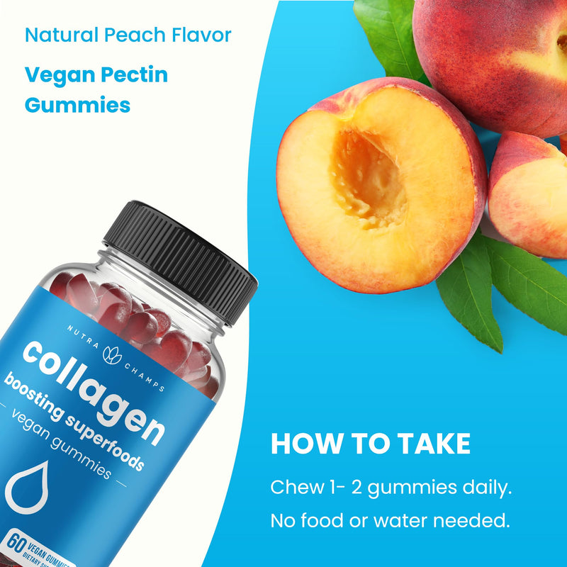 NutraChamps Collagen Boosting Gummies, Collagen Booster Gummy for Natural Collagen Production, Vegan Pectin Supplements Chews for Women & Men, 60 Peach Gummies (Pack of 2) 60 Count (Pack of 2)