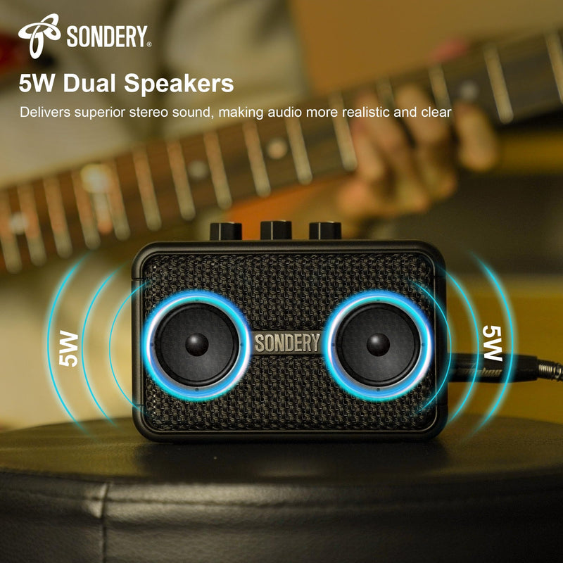 Sondery 5W Mini Amp for Electric Guitar Rechargeable with OD Clean Effects Black