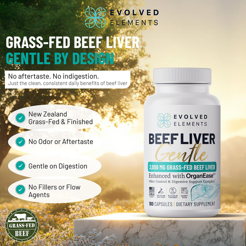 Beef Liver Capsules — Zero Nausea, Zero Burps — OrganEase: Sodium Copper Chlorophyllin + Enzymes Stop Off-Gassing — Thyroid Support: Selenium, B12, Iron, Vitamin A — 3,000mg, 180ct