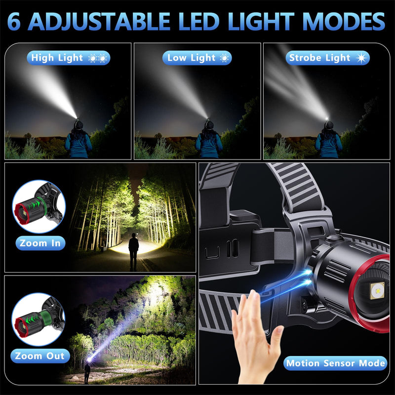 TDT Headlamp Flashlight, Ultra-Light Bright LED Rechargeable Headlight with Motion Sensor, 6 Modes Waterproof Head Lamp for Outdoor Camping Running Hiking Fishing