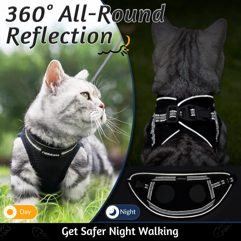 rabbitgoo Cat Harness and Leash Set for Walking Escape Proof, Adjustable Soft Kittens Vest with Reflective Strip for Cats, Comfortable Outdoor Vest, Black, S Small - BeesActive Australia