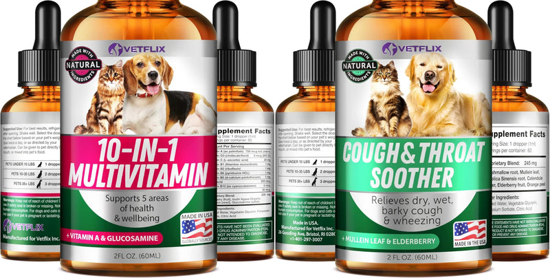 Cough Relief + 10 in 1 Pet Vitamins Bundle for Dogs, Cats, Puppies, and Kittens - Made in USA - Supports Respiratory, Immune, Joint, Skin, and Digestive Health - 2 Fl Oz Each