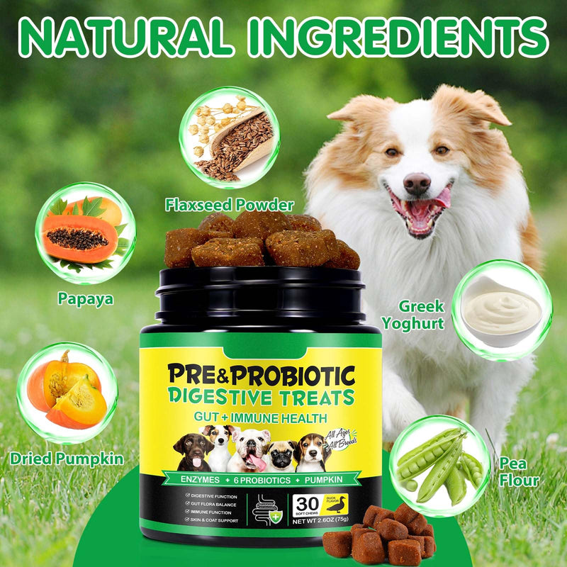 Probiotics for Dogs - Chewable Pre Probiotic Digestive Chews for Dog, Support Gut Health & Itchy Skin Relief, Pet Supplement Soft Chews for Dogs - 30 Chews 30pc