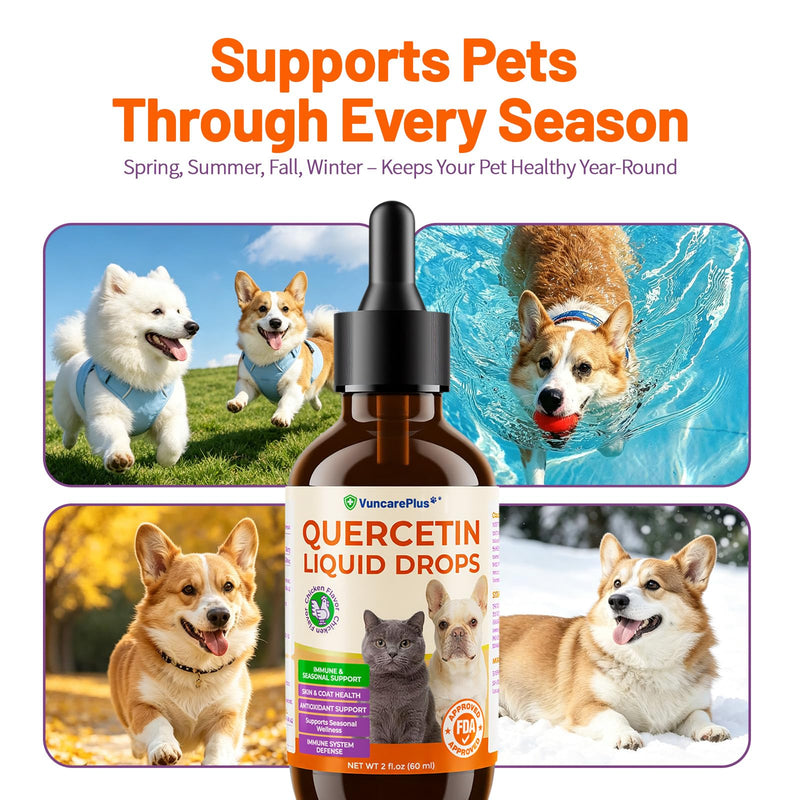 Quercetin Drops for Dogs & Cats, Dog Allergy Relief Liquid Supplement with Chicken Flavor, Supports Itchy Skin, Paw Licking, Hot Spots, Immune & Seasonal Wellness, 2 fl oz