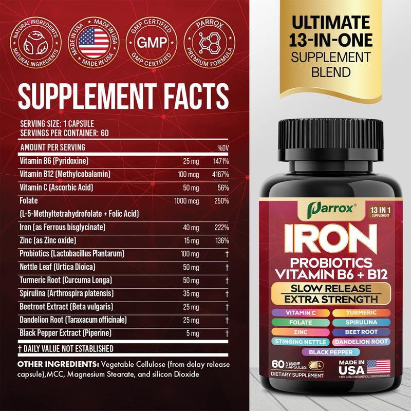 Iron Bisglycinate Supplement, Slow Release Probiotics, 60 Caps, 2 Pack | With Probiotics, Spirulina, Turmeric, Vitamins B6, B12, C, Zinc, Beetroot, Nettle Leaf, Dandelion Root 60 Count (Pack of 2)