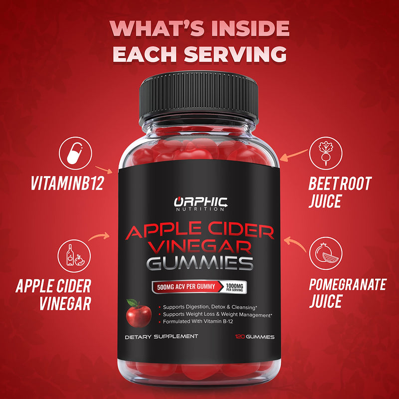 ORPHIC NUTRITION Apple Cider Vinegar Gummies 1000mg - Unfiltered ACV with Vitamin B12, Beetroot & Pomegranate (120 pcs) 120 Count (pack of 1)