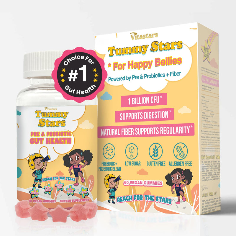 Tummy Stars Kids Multivitamin Gummies with Prebiotic & Probiotic + Fiber | Kids Vitamins for Gut Health, Digestion, Regularity & Immune Support | Vegan Children’s Gummies, 60 Count
