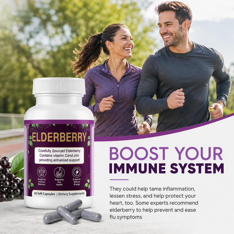 Elderberry Capsules with Vitamin C & Zinc, 1200mg Black Elderberry Extract | Vegan, Non-GMO, 60 Capsules, Supplement for Daily Wellness, Antioxidant & Digestive Support