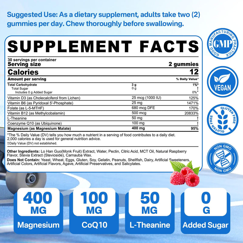 2Pack Magnesium Malate Gummies for Adults - Magnesium 400mg Chewable | Plus Methylated Folate, B12, B6, L-Theanine & CoQ10, Supports Energy, Muscle & Calm, Sugar Free 60 Count (Pack of 2)
