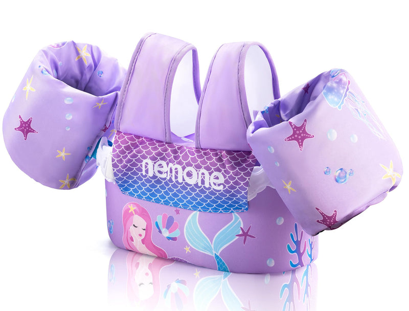 Nemone Toddler Swim Vest for 22-70 lbs Kids Floaties Swim Jacket with Arm Water Wings for Girls Boys 1 2 3 4 5 6 7 Years Old Beach Pool 20 30 40 50 60 66 Pounds Puddle Jumper A- Purple Mermaid Kids 22-70 lbs