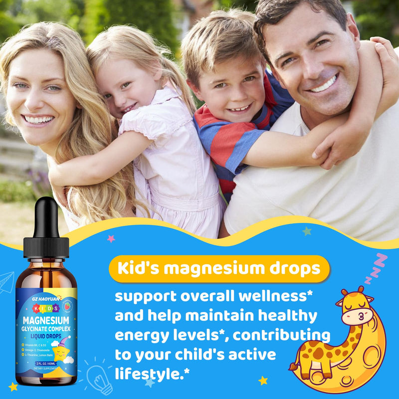 Kids Magnesium Glycinate Liquid Drops‌ – with L-Theanine, Omega-3, Vitamins B6 & D3, Zinc & Calcium – for Sleep Support, Relaxation, Focus & Brain, Bones – Strawberry Flavor, 4 Fl Oz 2 Fl Oz (Pack of 2)