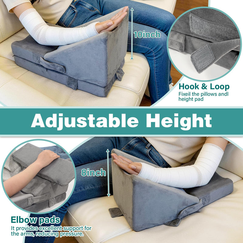 Arm Wedge Pillow Adjustable Arm Elevation Pillow with Pocket High Density Foam Ergonomic Hand Elbow Support Pillows with Removable Cover, Grey