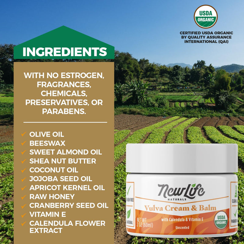 NewLife Naturals Certified Organic Vulva Cream with Calendula & Vitamin E | Menopause Support and Vaginal Moisturizer for Itching, Irritation, and Dryness | Estrogen-Free Intimate Feminine Care | 2 Oz - BeesActive Australia
