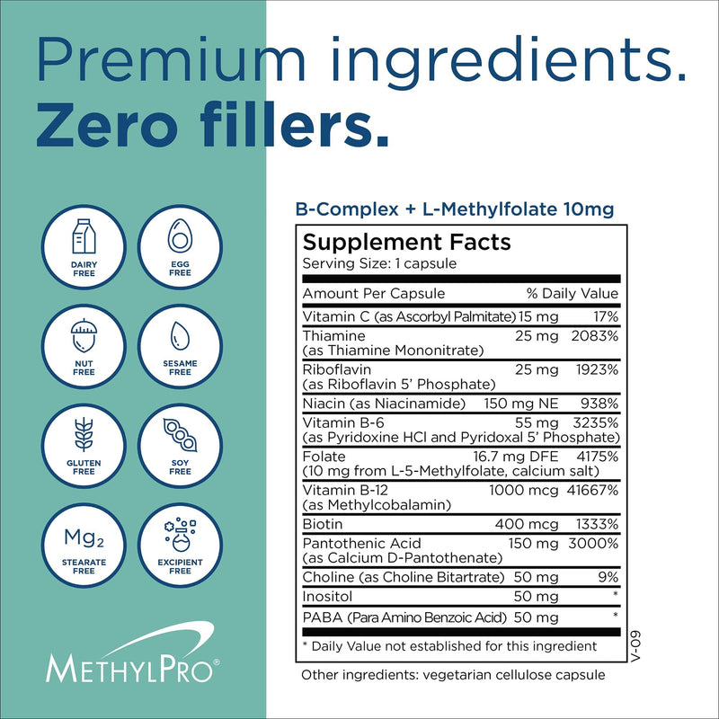 MethylPro B Complex with L-Methylfolate 10 mg, 30 Capsules | Bioavailable Methylated B Vitamins for Energy and Stress Support, Vegetarian and Hypoallergenic Formula 30 Count (Pack of 1)
