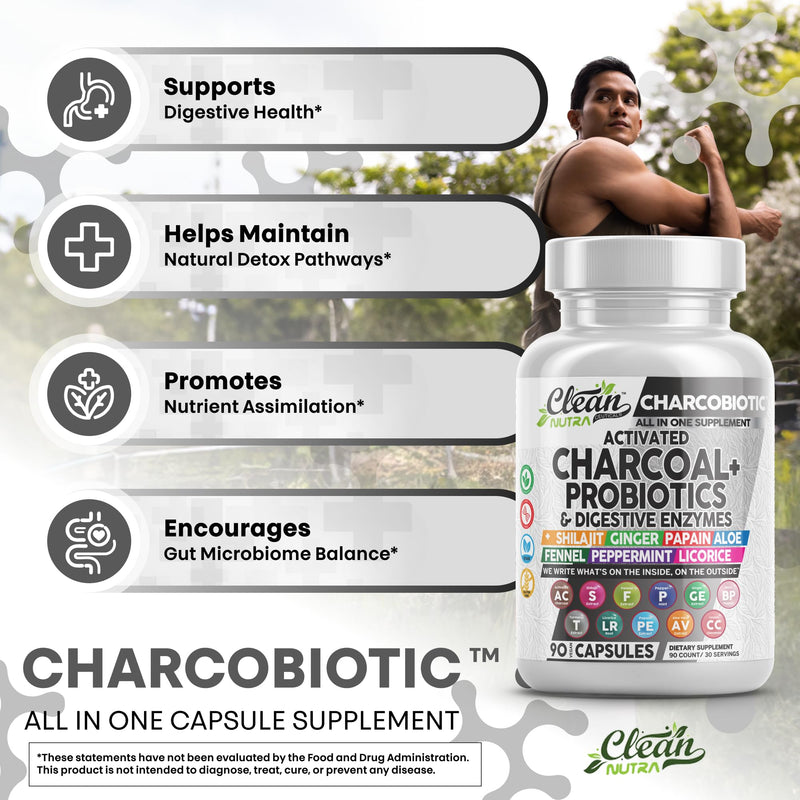 Clean Nutra Activated Charcoal Pills + Shilajit Probiotic Digestive Enzymes for Digestive Health Capsules with Peppermint Fennel Licorice Papain Ginger Turmeric Powder | Gut Health (Pack of 2) 60 Count (Pack of 2)