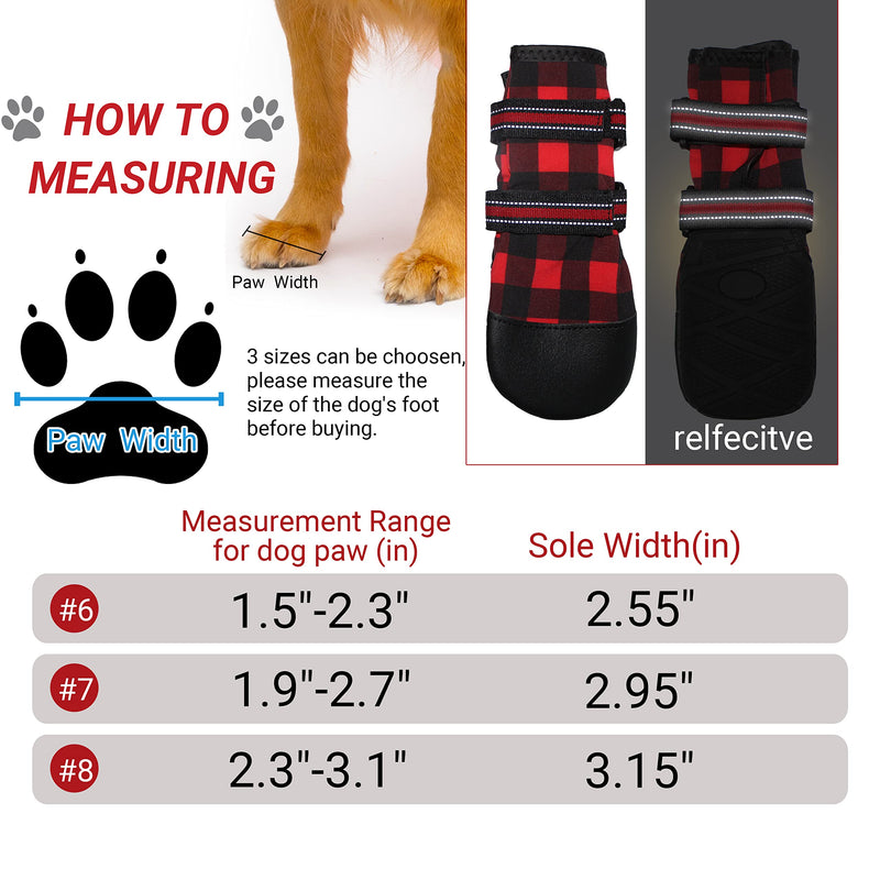 FLYSTAR Dog Shoes for Medium Large Dogs, Waterproof Rain Snow Non-Slip Dog Boots for Winter, Plaid Reflective Adjustable Warm Dog Shoes Paw Protector for Walking Running Hiking Outdoor 8# (paw width: 2.3"-3.1") - BeesActive Australia
