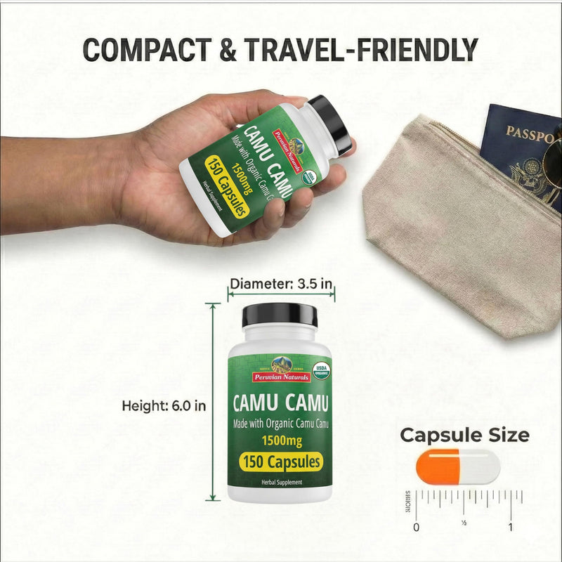 Peruvian Naturals Organic Vitamin C from Camu Camu Capsules 1,500mg - 150 Vegan Pills, Natural Vitamin C from Whole Food Camu Berry Organic, Non-GMO | Natural Vitamin C Supplement, Vegan, Antioxidant Support, Immune & Skin Health, Non-GMO