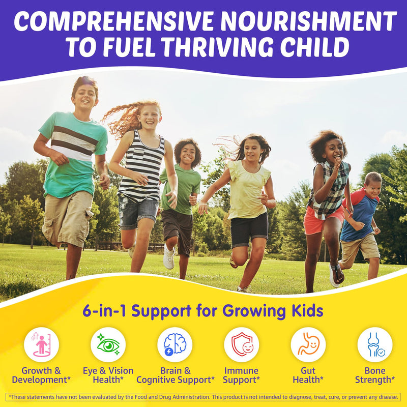 Kids Multivitamin Gummies + Iron, Kids Focus Gummies with Omega-3, Brain Attention Supplements, Memory, Vision, w/ Lutein, Methylated Folate & B12, Probiotics, Fiber, Children Vitamins for Growth 2P 60 Count (Pack of 2)
