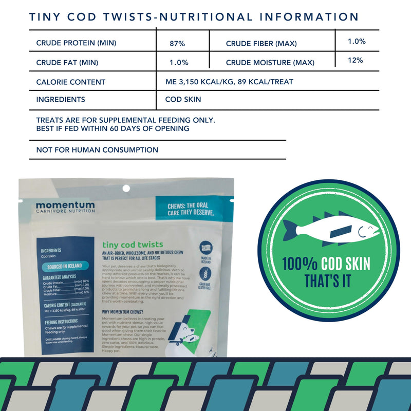 Momentum Carnivore Nutrition Tiny Cod Twists Dog Chews – Single Ingredient Icelandic Cod Skin Treats – Natural Dental Support, High-Protein Fish Chews – 3.1 oz Bag 3.1 Ounce (Pack of 1)