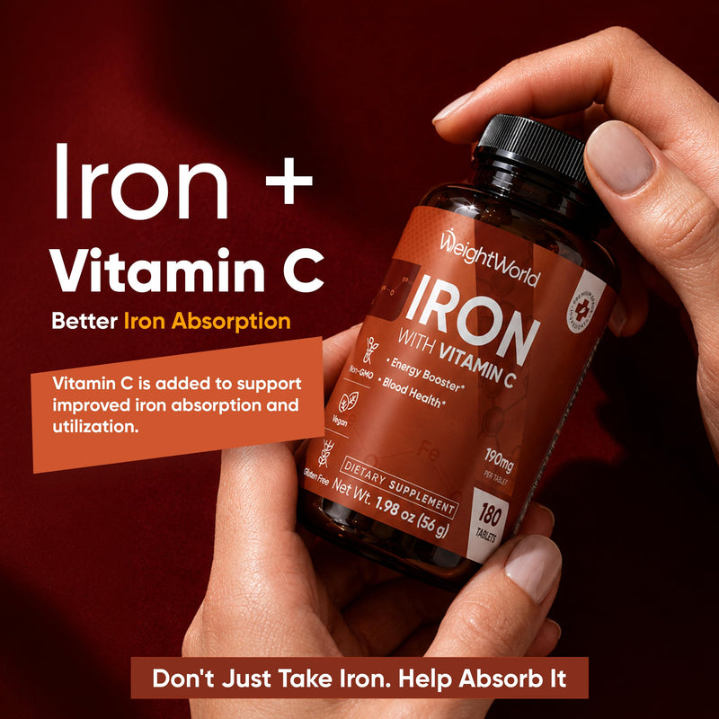 WeightWorld Iron 65mg with Vitamin C 125mg Tablets for Blood Health, Energy & Immune Support | 180 Tablets (6-Month Supply) | Gentle Iron Supplement for Women & Men - Vegan, Non-GMO