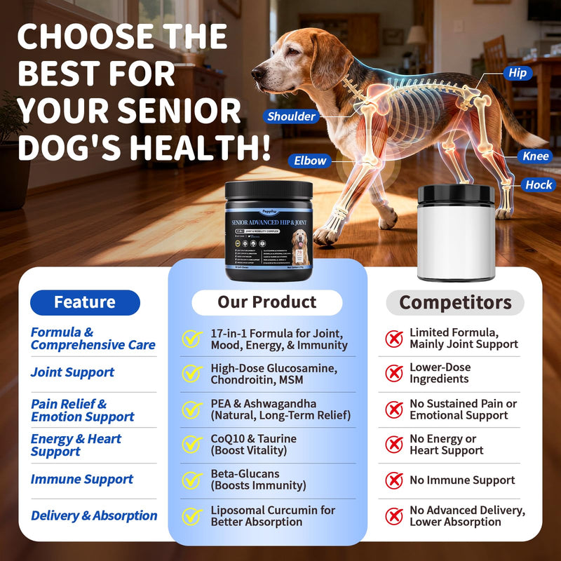 Senior Advanced Joint Supplement for Dogs – 17-in-1 Glucosamine for Dogs with Chondroitin – Hip & Joint Pain Relief Pills – Mobility Support Chews – Large & Small Breeds - Beef Flavor – 90Ct 90 Count (Pack of 1)