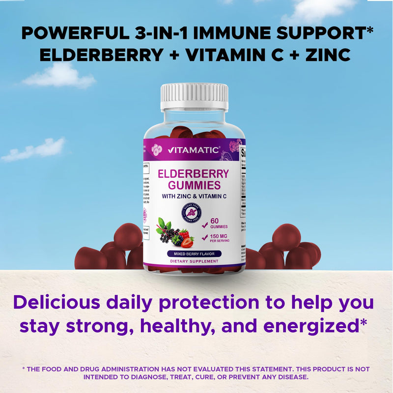 Vitamatic Elderberry Gummies with Vitamin C & Zinc – Immune Support Supplement – Mixed Berry Flavor– 60 Gummies – Made in The USA, Vegan, Non-GMO, Gluten-Free - 2 Pack