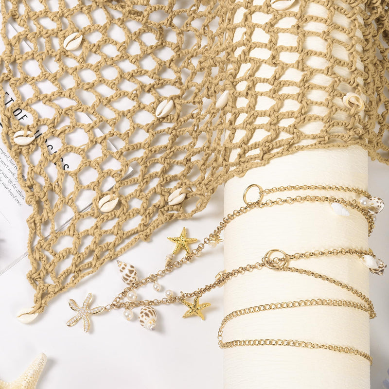Women Mermaid Skirt Crochet Cover Up with Seashell Waist Chain Hollow Out Swimsuit Shell Beach Fishnet Skirt Bikini Wrap Brown - BeesActive Australia