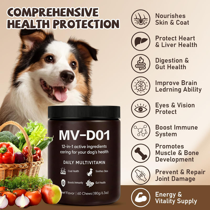 DM-01 Daily Multivitamin for Dogs - Advanced Hip & Joint Support, Boosts Immune System & Digestion, Promotes Skin, Coat & Organ System Health, Enhances Activity & Mood, 60 Chews