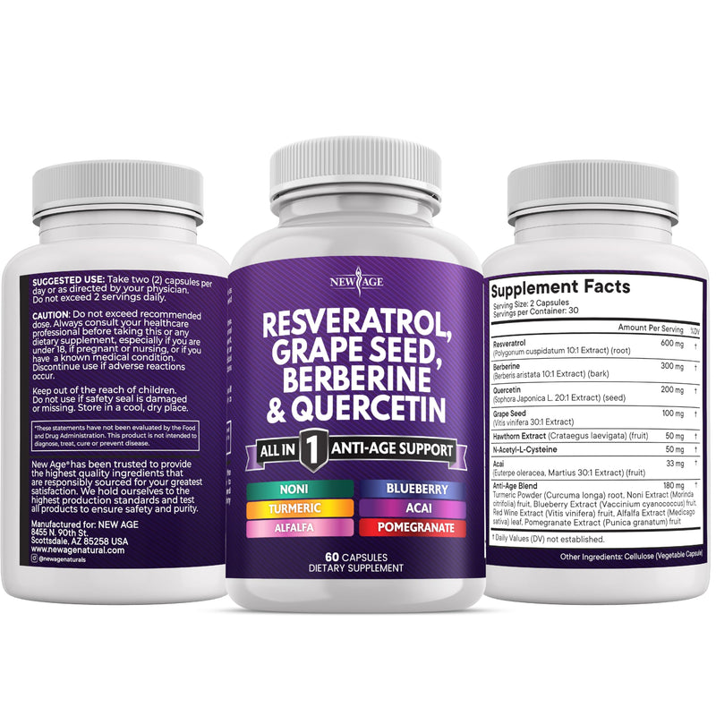 NEW AGE Resveratrol, Berberine, Grape Seed Extract, Quercetin, Polyphenol Supplement for Women and Men with Noni, N-Acetyl Cysteine, Acai - 180 Capsules 180 Count (Pack of 1)