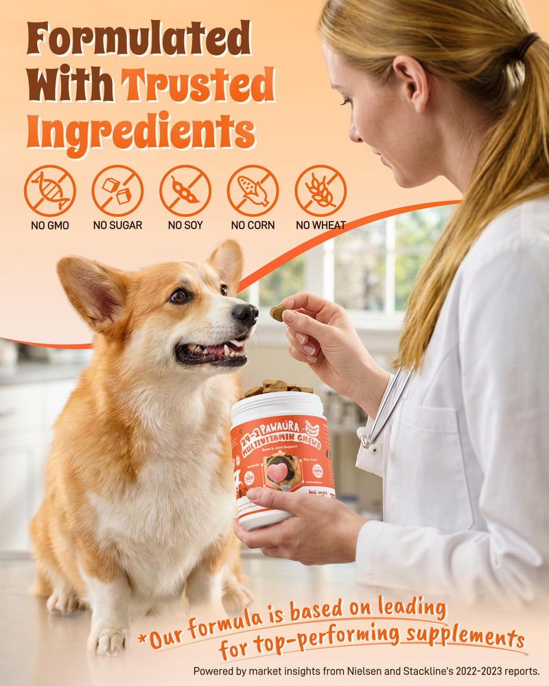 24-in-1 Multivitamin Dog Supplement, 150 Soft Chews – Glucosamine & Chondroitin for Joint Support, Probiotics for Gut Health, Omega Fish Oil for Skin & Coat, Daily Dog Vitamins 150 chews