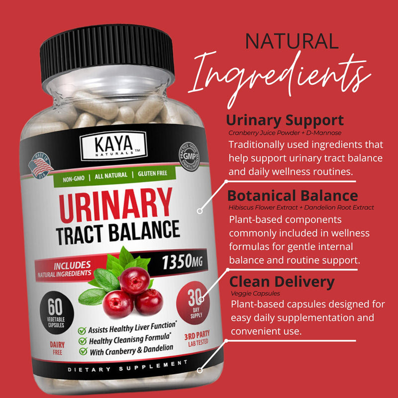 Kaya Naturals - D-Mannose - Urinary Tract UT Cleanse & Bladder Health - Made with Cranberry, Hibiscus & Dandelion Root - D Mannose Capsules Cranberry Supplement - 60 Veggie Capsules 60 Count (Pack of 1)