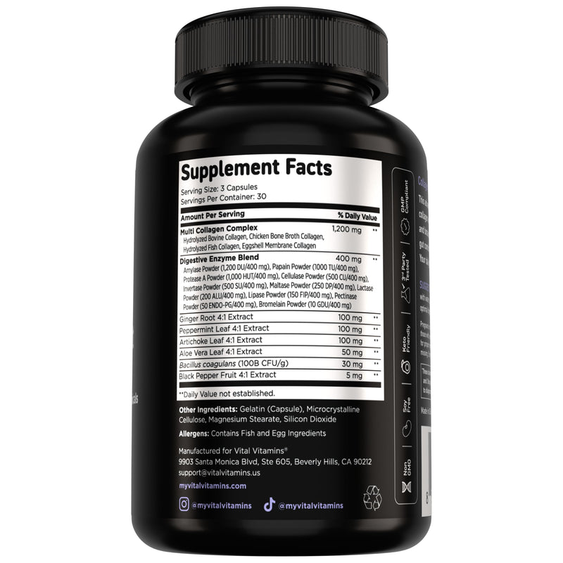 Vital Vitamins Multi Collagen Complex Plus + Gut, Probiotics & Enzymes | 5 Collagen Types I, II, III, V & X with Digestive Enzyme Blend, 3 Billion CFU Probiotic & Gut Botanicals, 90 Capsules 90 Count (Pack of 1)