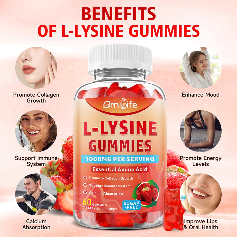 L-Lysine 1000mg Gummies, Chewable Lysine Supplement for Adults & Kids, Essential Amino Acid Supplement for Immune Support, Collagen Formation Support, Strawberry, 60 Count 60 Count (Pack of 1)