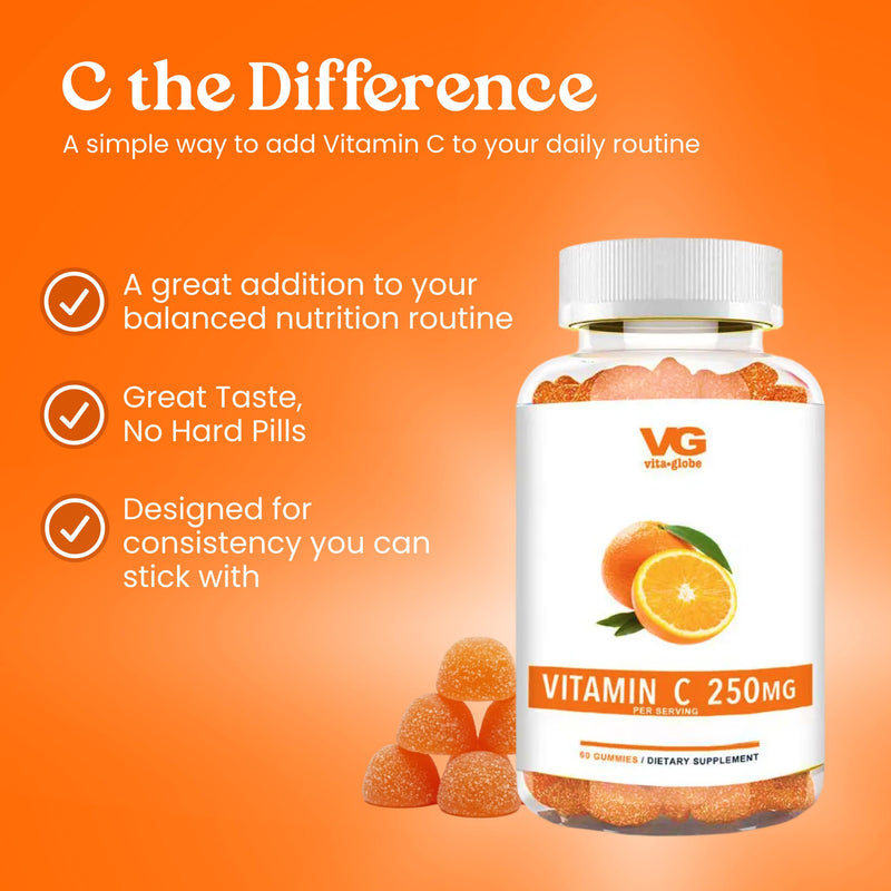 Vita Globe Vitamin C 250mg Gummies with Collagen, Immune Support, Non-GMO | Chewable Vitamin C Supplement for Adults, Vegan Daily Immune Booster, 60 Gummies 60 Count (Pack of 1)