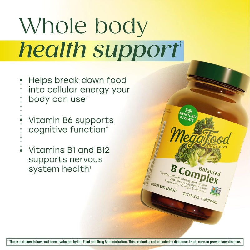 MegaFood Balanced B Complex, Cellular Energy Metabolism Support, 30 Tablets | Vitamin B Complex for Women & Men, Vitamin B6, B12, Methylfolate, Biotin, Supports Nervous System Health, Vegan, 30 Servings 30 Count (Pack of 1)