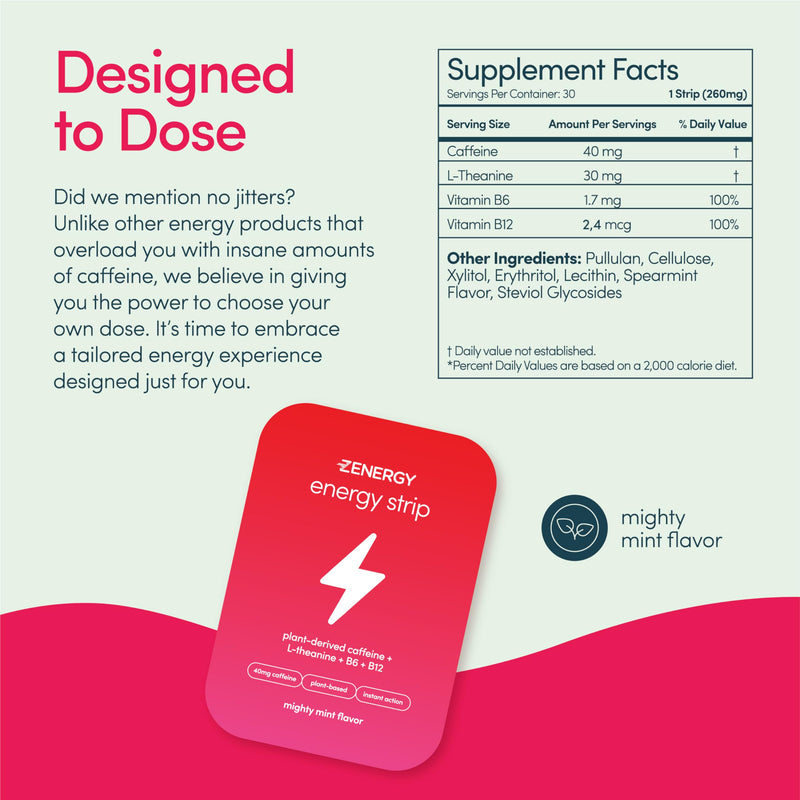 ZENERGY Oral Energy Strips, Mint Flavor with 40mg Caffeine, 30 Strips | Caffeine Strips with 30mg L-Theanine, 100% Vitamins B6 & B12, Zero Calories, Sugar Free, Gluten Free, Aspartame Free, Vegan