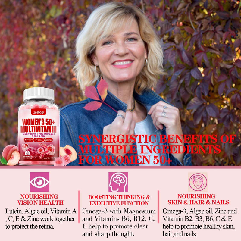 Womens Multivitamin 50 Plus Gummies - Methylated Multivitamins Gummy | with Vitamin A C D3 E K2, B Complex, Calcium, Magnesium, Zinc, Folate, Biotin - Multi Vitamins & Minerals - Sugar-Free Peach 60 Count (Pack of 2)