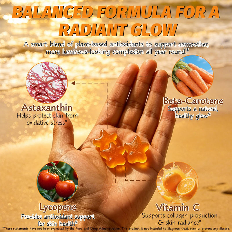 Tanning Gummies for Women, Tanning Gummies with Vitamin C & E, Astaxanthin, Beta Carotene & Lycopene Blend, Tanning Supplement Supports Healthy-Looking Skin, Sugar-Free, 60 Count